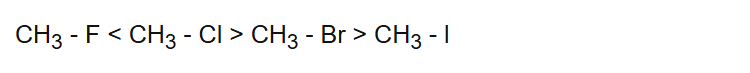 CH3 - F < CH3 - Cl > CH3 - Br > CH3 - l