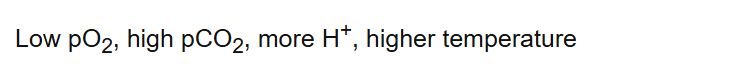 Low pO2, high pCO2, more H+, higher temperature