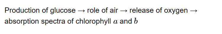 Production of glucose → role of air → release of oxygen → absorption spectra of chlorophyll and